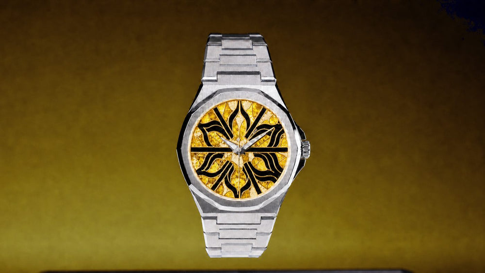 Gold and Yellow pure 24K gold dial on silver Grade 5 titanium with bracelet