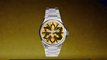 Gold and Yellow pure 24K gold dial on silver Grade 5 titanium with bracelet