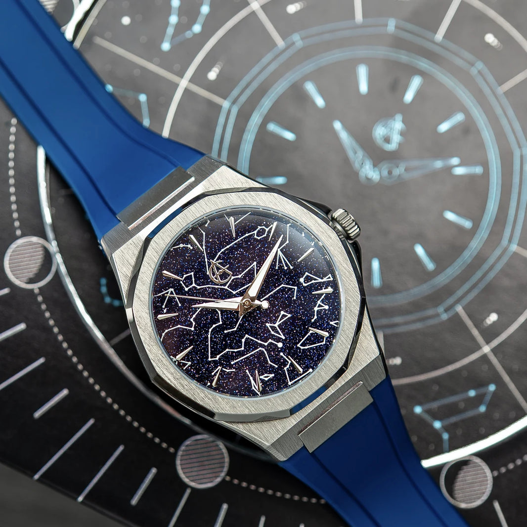 ChronoAstra blue FKM rubber strap with titanium hardware