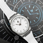 ChronoAstra White Dwarf — White Dwarf dial, natural G5 titanium case, white FKM rubber strap